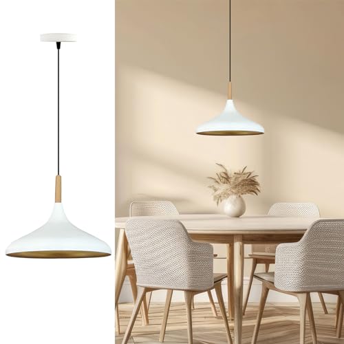 bamyum Champion Hängelampe Esstisch Skandinavisch aus Holz und Metall 35 cm, Pendelleuchte Esstisch, Hängelampe Wohnzimmer, Küchenlampe Hängend E27, Pendelleuchte Weiss für Schlafzimmer, Wohnzimmer von bamyum