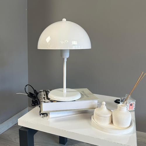 bamyum Lipeo Tischlampe Mit Kabel weiß Ø26 cm, Pilz Lampe Metall, Vintage Mushroom Lamp, Pilzlampen Wohnzimmer, Table Lamp Retro Tischleuchte Kleine, Nachttischleuchte Seitenlampe Pilzlampen weiß von bamyum