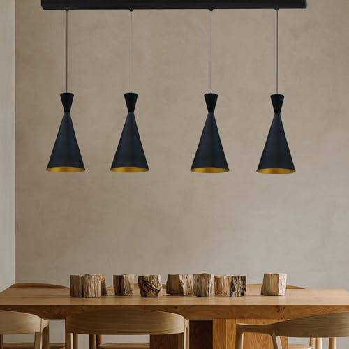 bamyum Pendelleuchte Esstisch 4 Flammig Schwarz Gold, Hängelampe Esstisch Vintage, Esstischlampe, Lampenschirm Hängelampe Schwarz Gold, Pendelleuchte Esstisch Wohnzimmer Esszimmerlampe Vintage von bamyum