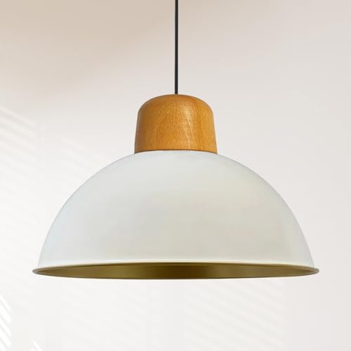 bamyum Pendelleuchte Industrielle Weiß Metall Groß Ø 40 cm, Hängelampe Industriell Lampe Vintage Hängeleuchte, Deckenleuchte Weiß Holz, Pendelleuchte Esstisch, Pendellampe, Esszimmerlampe, Küchenlampe von bamyum