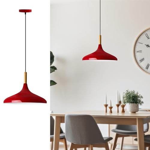 bamyum Champion Hängelampe Esstisch aus Holz und Metall 35 cm, Pendelleuchte Esstisch, Hängelampe Wohnzimmer, Küchenlampe Hängend E27, Pendelleuchte Rot für Schlafzimmer, Wohnzimmer von bamyum