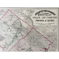 Antike Oubec Landkarte - Wolfe Compton Estrie 1876 Große Seltene Handkolorierte Karte von bananastrudel