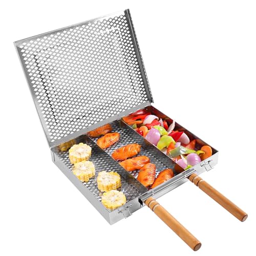 banapoy Grillkorb, Edelstahlgrill BBQ Grillkorb mit Abnehmbaren Trennwänden, Abnehmbarem Holzgriff, Tragbares Grillpreis Im Freien für Fische, Garnelen, Gemüse, Gemüse (Doppelgriff) von banapoy
