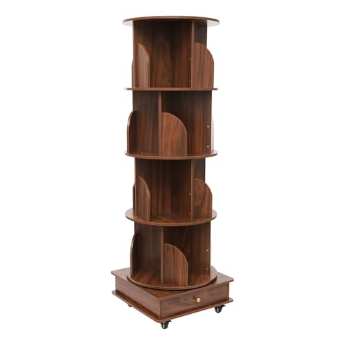 banborba 360 Grad Drehbares Bücherregal, 4 Ebenen 16 Fächer Standregal, Mehrstöckiges bücherschrank, bücher Regal mit Rädern, Massivholz, 46 x 46 x 142cm (Nuss-braun) von banborba