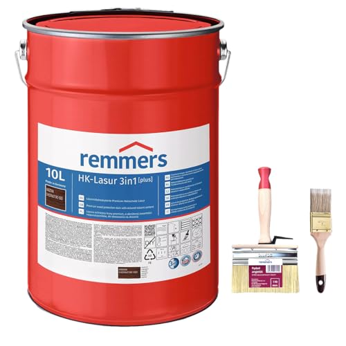 Bandloo HK-Lasur Plus 3in1 10 L Komplettset für Außen und Innen – Holzschutzlasur für Fassaden, Zäune, Carports, Gartenhäuser, Pergolen, Flachpinsel 11 cm + Pinsel 7,5 cm (Kastanie) von bandloo