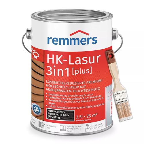 Bandloo Set HK-Lasur 3in1 Plus + Pinsel – Holzlasur für Außenbereich: Imprägnierung, Grundierung & Lasur in einem, Schutz vor Feuchtigkeit & UV-Strahlung, Varnish (Anthrazitgrau, 2,5 L) von bandloo