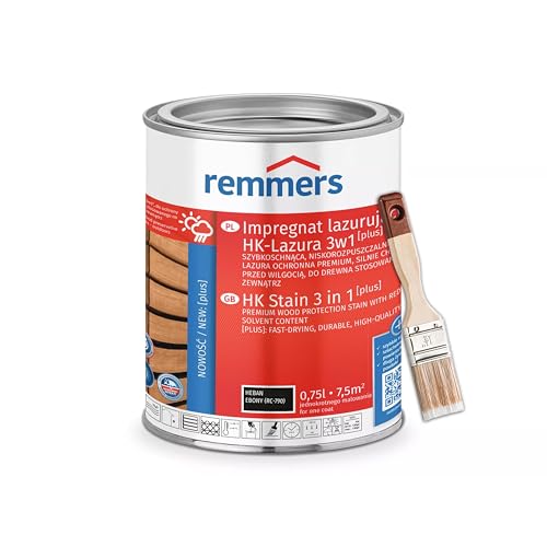 Bandloo Set HK-Lasur 3in1 Plus + Pinsel – Holzlasur für Außenbereich: Imprägnierung, Grundierung & Lasur in einem, Schutz vor Feuchtigkeit & UV-Strahlung, Varnish (Ebenholz, 0,75 L) von bandloo