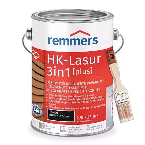 Bandloo Set HK-Lasur 3in1 Plus + Pinsel – Holzlasur für Außenbereich: Imprägnierung, Grundierung & Lasur in einem, Schutz vor Feuchtigkeit & UV-Strahlung, Varnish (Ebenholz, 2,5 L) von bandloo
