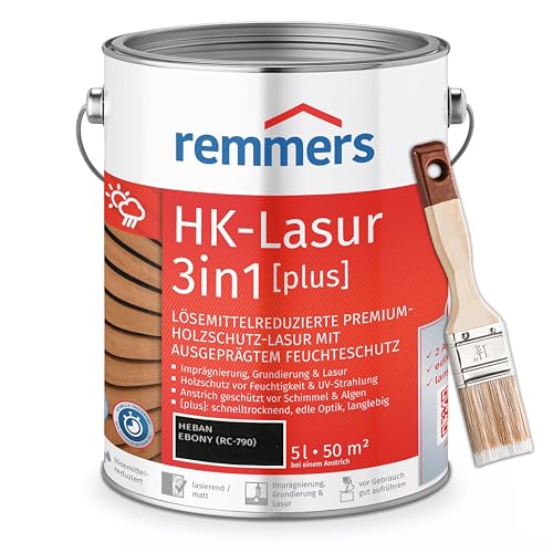 Bandloo Set HK-Lasur 3in1 Plus + Pinsel – Holzlasur für Außenbereich: Imprägnierung, Grundierung & Lasur in einem, Schutz vor Feuchtigkeit & UV-Strahlung, Varnish (Ebenholz, 5 L) von bandloo