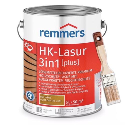 Bandloo Set HK-Lasur 3in1 Plus + Pinsel – Holzlasur für Außenbereich: Imprägnierung, Grundierung & Lasur in einem, Schutz vor Feuchtigkeit & UV-Strahlung, Varnish (Eiche hell, 5 L) von bandloo