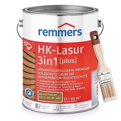 Bandloo Set HK-Lasur 3in1 Plus + Pinsel – Holzlasur für Außenbereich: Imprägnierung, Grundierung & Lasur in einem, Schutz vor Feuchtigkeit & UV-Strahlung, Varnish (Eiche rustikal, 5 L) von bandloo