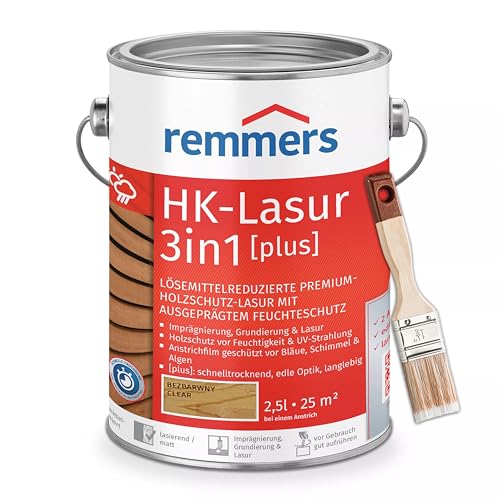Bandloo Set HK-Lasur 3in1 Plus + Pinsel – Holzlasur für Außenbereich: Imprägnierung, Grundierung & Lasur in einem, Schutz vor Feuchtigkeit & UV-Strahlung, Varnish (Farblos, 2,5 L) von bandloo