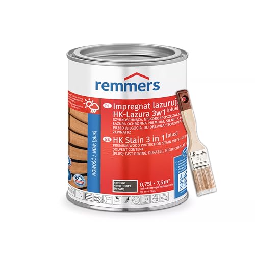 Bandloo Set HK-Lasur 3in1 Plus + Pinsel – Holzlasur für Außenbereich: Imprägnierung, Grundierung & Lasur in einem, Schutz vor Feuchtigkeit & UV-Strahlung, Varnish (Graphitgrau, 0,75 L) von bandloo
