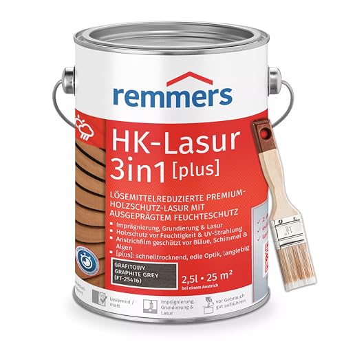Bandloo Set HK-Lasur 3in1 Plus + Pinsel – Holzlasur für Außenbereich: Imprägnierung, Grundierung & Lasur in einem, Schutz vor Feuchtigkeit & UV-Strahlung, Varnish (Graphitgrau, 2,5 L) von bandloo