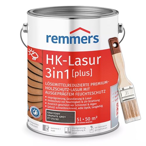 Bandloo Set HK-Lasur 3in1 Plus + Pinsel – Holzlasur für Außenbereich: Imprägnierung, Grundierung & Lasur in einem, Schutz vor Feuchtigkeit & UV-Strahlung, Varnish (Graphitgrau, 5 L) von bandloo
