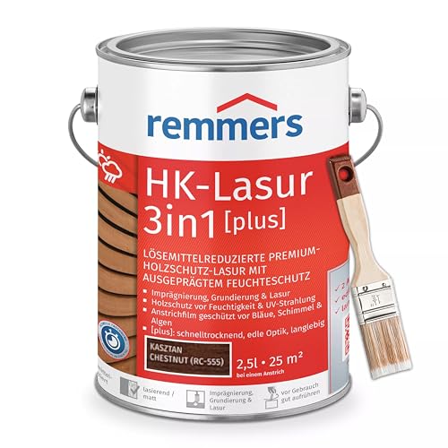 Bandloo Set HK-Lasur 3in1 Plus + Pinsel – Holzlasur für Außenbereich: Imprägnierung, Grundierung & Lasur in einem, Schutz vor Feuchtigkeit & UV-Strahlung, Varnish (Kastanie, 2,5 L) von bandloo