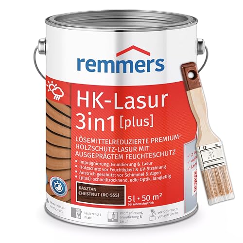 Bandloo Set HK-Lasur 3in1 Plus + Pinsel – Holzlasur für Außenbereich: Imprägnierung, Grundierung & Lasur in einem, Schutz vor Feuchtigkeit & UV-Strahlung, Varnish (Kastanie, 5 L) von bandloo