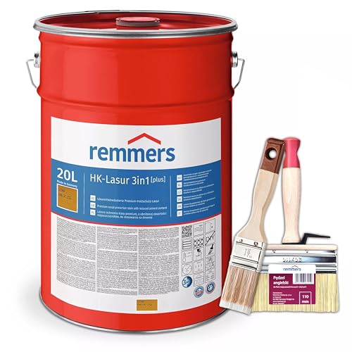 Bandloo Set HK-Lasur 3in1 Plus + Pinsel – Holzlasur für Außenbereich: Imprägnierung, Grundierung & Lasur in einem, Schutz vor Feuchtigkeit & UV-Strahlung, Varnish (Kiefer, 20 L) von bandloo