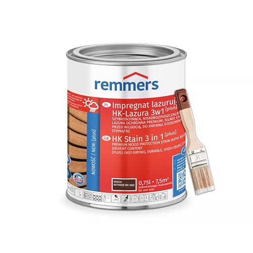 Bandloo Set HK-Lasur 3in1 Plus + Pinsel – Holzlasur für Außenbereich: Imprägnierung, Grundierung & Lasur in einem, Schutz vor Feuchtigkeit & UV-Strahlung, Varnish (Nussbaum, 0,75 L) von bandloo