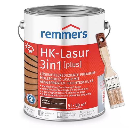 Bandloo Set HK-Lasur 3in1 Plus + Pinsel – Holzlasur für Außenbereich: Imprägnierung, Grundierung & Lasur in einem, Schutz vor Feuchtigkeit & UV-Strahlung, Varnish (Nussbaum, 5 L) von bandloo
