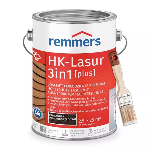 Bandloo Set HK-Lasur 3in1 Plus + Pinsel – Holzlasur für Außenbereich: Imprägnierung, Grundierung & Lasur in einem, Schutz vor Feuchtigkeit & UV-Strahlung, Varnish (Palisander, 2,5 L) von bandloo