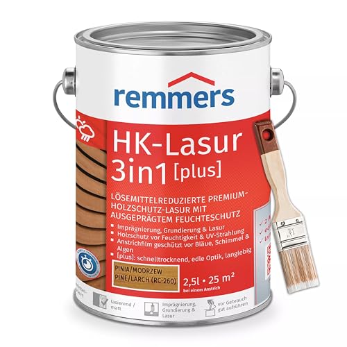 Bandloo Set HK-Lasur 3in1 Plus + Pinsel – Holzlasur für Außenbereich: Imprägnierung, Grundierung & Lasur in einem, Schutz vor Feuchtigkeit & UV-Strahlung, Varnish (Pinie/Lärche, 2,5 L) von bandloo