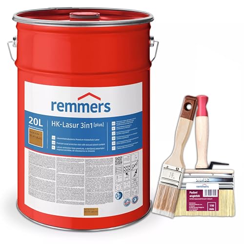 Bandloo Set HK-Lasur 3in1 Plus + Pinsel – Holzlasur für Außenbereich: Imprägnierung, Grundierung & Lasur in einem, Schutz vor Feuchtigkeit & UV-Strahlung, Varnish (Pinie/Lärche, 20 L) von bandloo