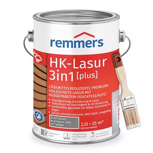 Bandloo Set HK-Lasur 3in1 Plus + Pinsel – Holzlasur für Außenbereich: Imprägnierung, Grundierung & Lasur in einem, Schutz vor Feuchtigkeit & UV-Strahlung, Varnish (Platingrau, 2,5 L) von bandloo