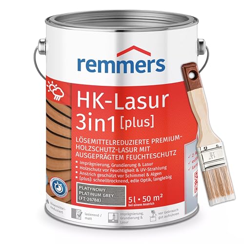 Bandloo Set HK-Lasur 3in1 Plus + Pinsel – Holzlasur für Außenbereich: Imprägnierung, Grundierung & Lasur in einem, Schutz vor Feuchtigkeit & UV-Strahlung, Varnish (Platingrau, 5 L) von bandloo