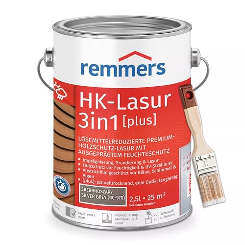 Bandloo Set HK-Lasur 3in1 Plus + Pinsel – Holzlasur für Außenbereich: Imprägnierung, Grundierung & Lasur in einem, Schutz vor Feuchtigkeit & UV-Strahlung, Varnish (Silbergrau, 2,5 L) von bandloo
