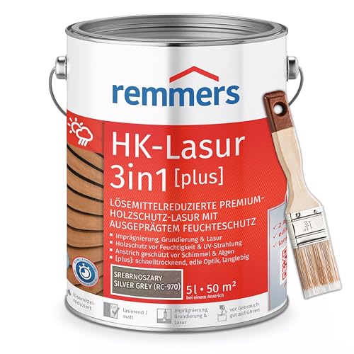 Bandloo Set HK-Lasur 3in1 Plus + Pinsel – Holzlasur für Außenbereich: Imprägnierung, Grundierung & Lasur in einem, Schutz vor Feuchtigkeit & UV-Strahlung, Varnish (Silbergrau, 5 L) von bandloo