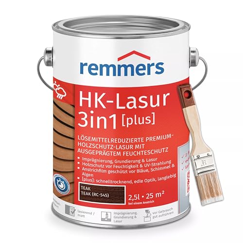 Bandloo Set HK-Lasur 3in1 Plus + Pinsel – Holzlasur für Außenbereich: Imprägnierung, Grundierung & Lasur in einem, Schutz vor Feuchtigkeit & UV-Strahlung, Varnish (Teak, 2,5 L) von bandloo