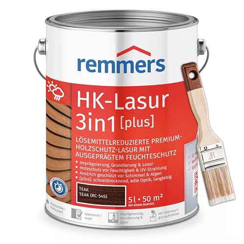 Bandloo Set HK-Lasur 3in1 Plus + Pinsel – Holzlasur für Außenbereich: Imprägnierung, Grundierung & Lasur in einem, Schutz vor Feuchtigkeit & UV-Strahlung, Varnish (Teak, 5 L) von bandloo