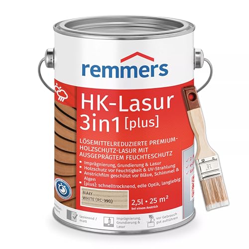 Bandloo Set HK-Lasur 3in1 Plus + Pinsel – Holzlasur für Außenbereich: Imprägnierung, Grundierung & Lasur in einem, Schutz vor Feuchtigkeit & UV-Strahlung, Varnish (Weiß, 2,5 L) von bandloo