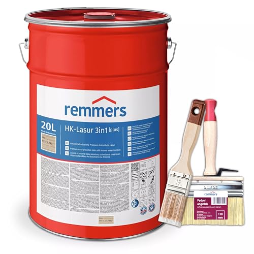 Bandloo Set HK-Lasur 3in1 Plus + Pinsel – Holzlasur für Außenbereich: Imprägnierung, Grundierung & Lasur in einem, Schutz vor Feuchtigkeit & UV-Strahlung, Varnish (Weiß, 20 L) von bandloo