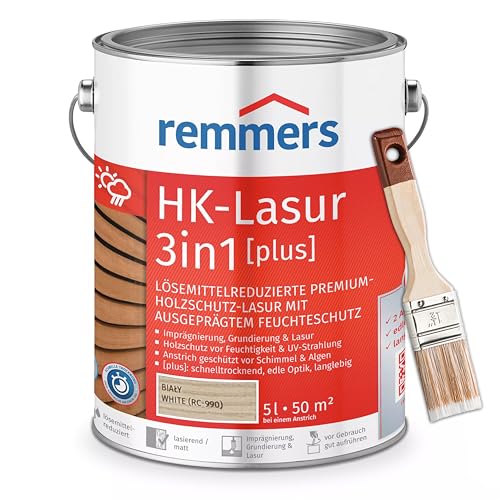 Bandloo Set HK-Lasur 3in1 Plus + Pinsel – Holzlasur für Außenbereich: Imprägnierung, Grundierung & Lasur in einem, Schutz vor Feuchtigkeit & UV-Strahlung, Varnish (Weiß, 5 L) von bandloo