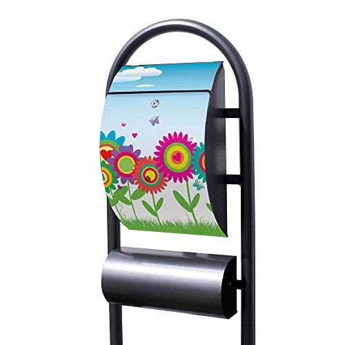 Banjado® Stand Briefkasten in Hammerschlag-Optik in Größe 150x47x22cm mit Motiv Bunte Blumen - Briefkasten mit Standfuß/Postkasten freistehend als Standbriefkasten mit Zeitungsfach von banjado