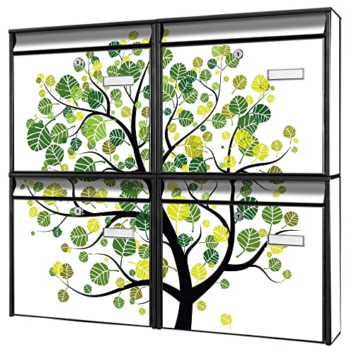 banjado Briefkastenanlage 4 Fach - Postkästen groß - verzinkter Stahl schwarz DIN A4 Motiv Baum grün - Briefkasten Set 4 Briefkästen Namensschild, 2 Schlüssel, Montagematerial von banjado