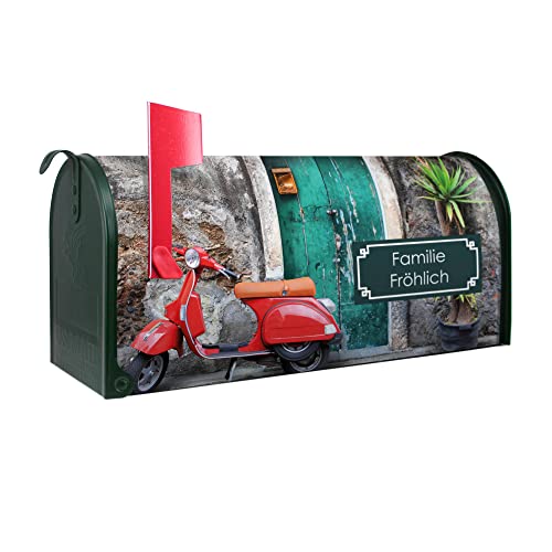 banjado® Amerikanischer Briefkasten - US Mailbox/Letterbox mit Motiv Italienischer Roller 51x22x17cm - Postkasten Stahl aus Amerika – Briefkasten amerikanisch grün pulverbeschichtet von banjado