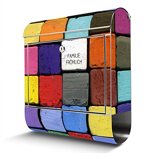 banjado® Briefkasten Edelstahl personalisiert mit Motiv Bunte Kreide 38x43x12cm & 2 Schlüssel - rostfreier Edelstahl Briefkasten mit Zeitungsfach - Postkasten A4 Einwurf inkl. Montagematerial von banjado