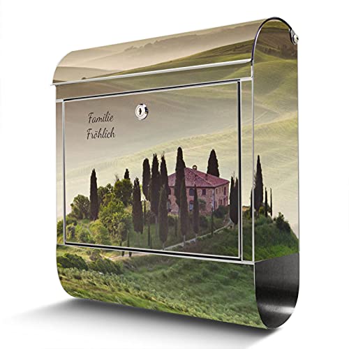 banjado® Briefkasten Edelstahl personalisiert mit Motiv Toscana 38x43x12cm & 2 Schlüssel - rostfreier Edelstahl Briefkasten mit Zeitungsfach - Postkasten A4 Einwurf inkl. Montagematerial von banjado