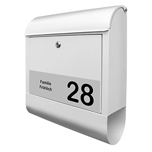 banjado® Briefkasten mit Hausnummer in weiß - Design Briefkasten Stahl mit Zeitungsfach für Wandmontage - Postkasten/Briefkasten Hausnummer A4 Einwurf inkl. Montagematerial & 2 Schlüssel von banjado