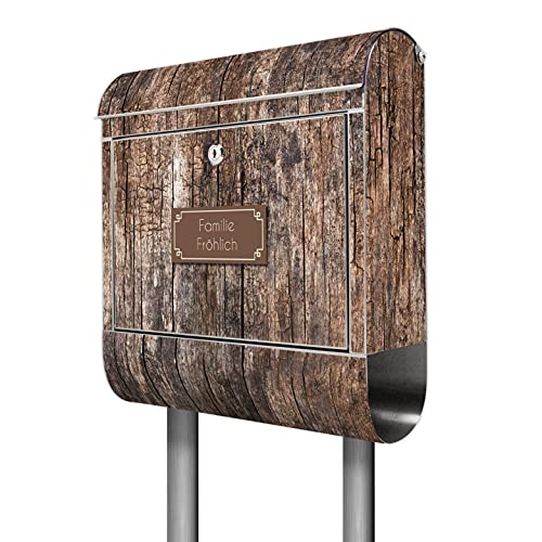 banjado® Briefkasten mit Standfuß personalisiert Motiv Altes Holz - Stand Briefkasten Edelstahl mit Zeitungsfach - Postbox/Postkasten A4 Einwurf inkl. Montagematerial & 2 Schlüssel von banjado