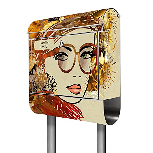 banjado® Briefkasten mit Standfuß personalisiert Motiv Lady Rost - Stand Briefkasten Edelstahl mit Zeitungsfach - Postbox/Postkasten A4 Einwurf inkl. Montagematerial & 2 Schlüssel von banjado