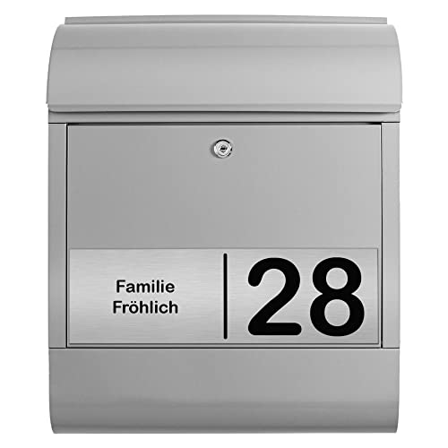 banjado® Briefkasten personalisiert mit graviertem Namensschild in Silber/Briefkasten silberfarben 39x47x14cm / Briefkasten mit Hausnummer, Namen & Motiv Gravur 2 / Briefkasten mit Zeitungsfach von banjado
