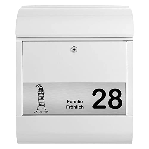 banjado® Briefkasten personalisiert mit graviertem Namensschild in Silber/Briefkasten weiß 39x47x14cm / Briefkasten mit Hausnummer, Namen & Motiv Leuchtturm/Briefkasten mit Zeitungsfach von banjado