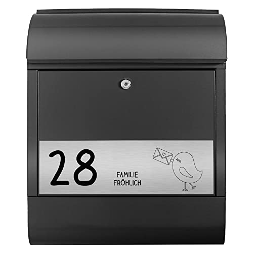 banjado® Briefkasten personalisiert mit graviertem Namensschild in Silber/Briefkasten schwarz 39x47x14cm / Briefkasten mit Hausnummer, Namen & Motiv Liebesbrief/Briefkasten mit Zeitungsfach von banjado