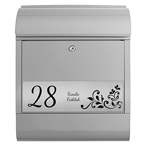 banjado® Briefkasten personalisiert mit graviertem Namensschild in Silber/Briefkasten silberfarben 39x47x14cm / Briefkasten mit Hausnummer, Namen & Motiv Blaues Ornament/Briefkasten Zeitungsfach von banjado