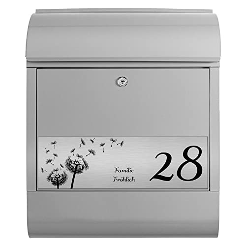 banjado® Briefkasten personalisiert mit graviertem Namensschild in Silber/Briefkasten silberfarben 39x47x14cm / Briefkasten mit Hausnummer, Namen & Motiv Pusteblume/Briefkasten mit Zeitungsfach von banjado