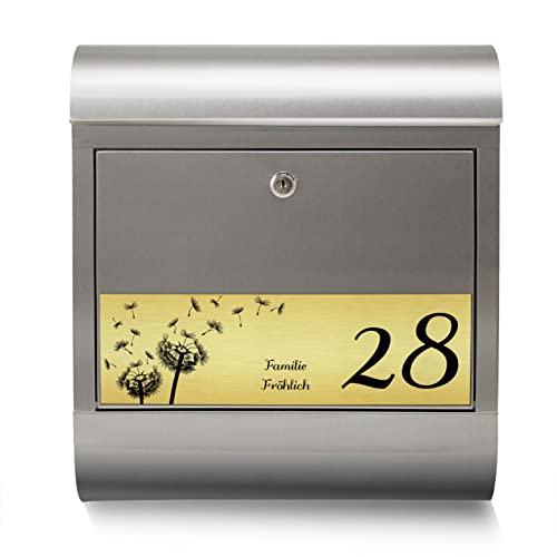 banjado® Briefkasten personalisiert mit graviertem Namensschild in Silber/Briefkasten Edelstahl 38x43x12cm / Briefkasten mit Hausnummer, Namen & Motiv Pusteblume/Briefkasten mit Zeitungsfach von banjado